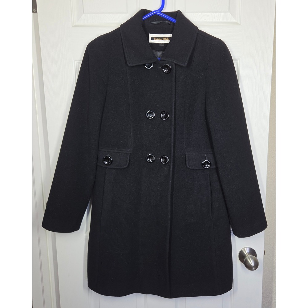 Kristen Blake Black Double Breasted Wool Cashmere Blend Peacoat Women Sz 12 Chic